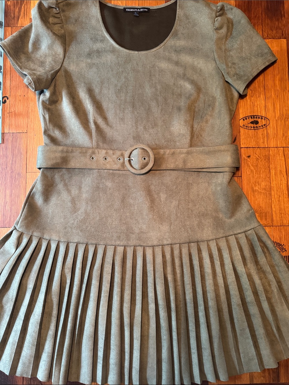 Elizabeth and James Olive Green Suede-Look Pleated Dress with Belt